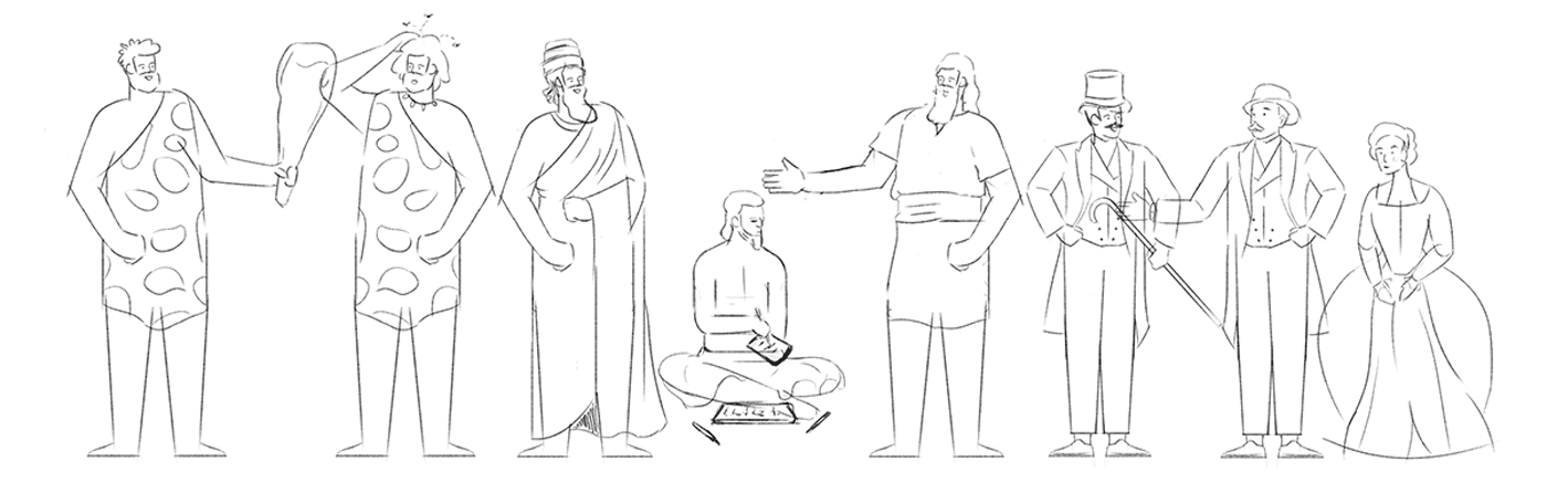 Rough sketch lineup of the character designs across eras