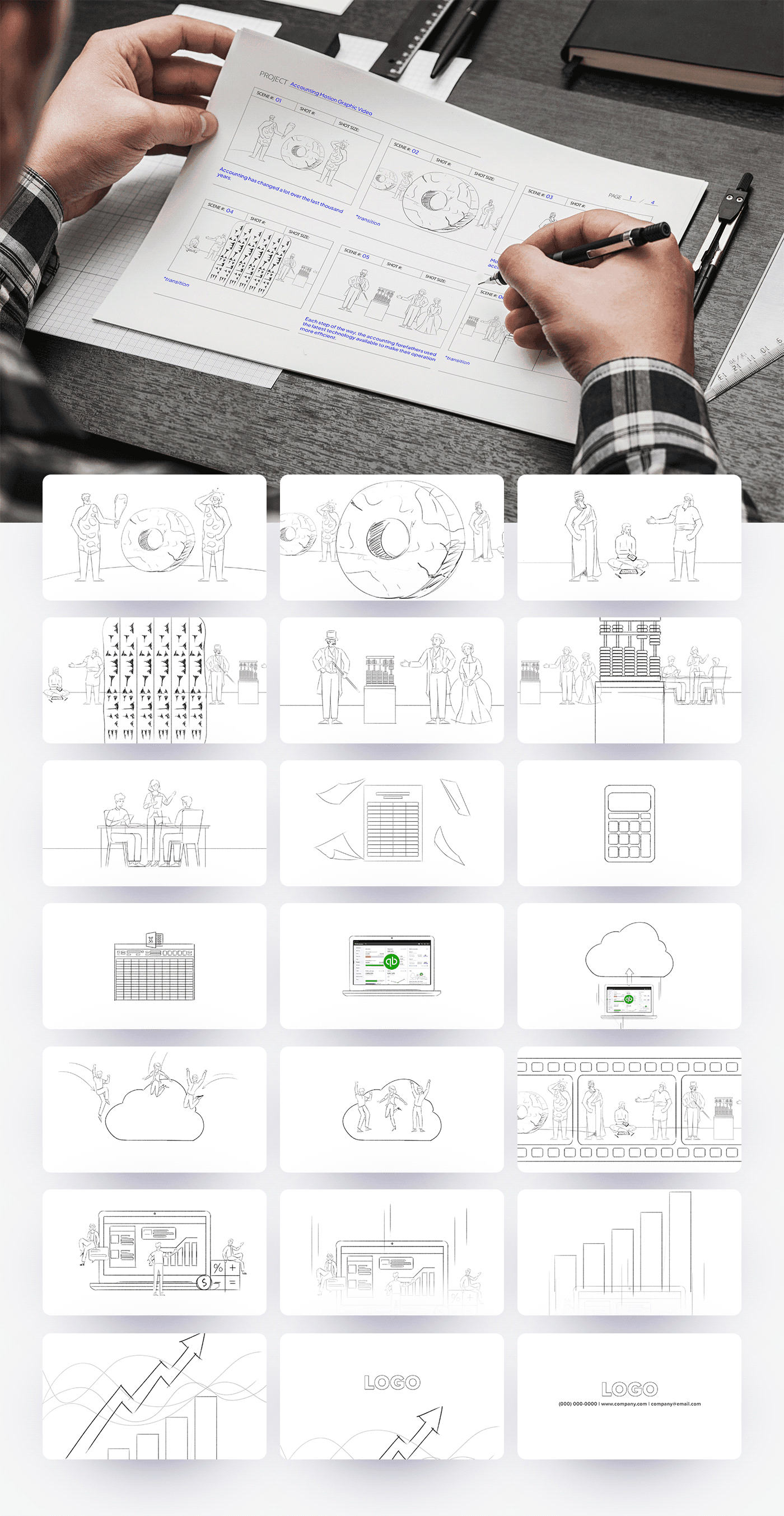 Hand-drawn storyboard sheet and scene-by-scene rough sketches for The Evolution of an Accountant